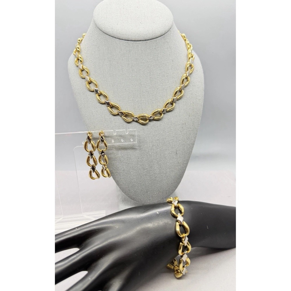 Mixed Metal Gold Silver Tone Dimensional Open Link Necklace Bracelet Earring Set
